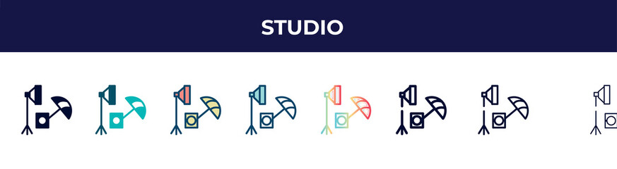 studio icon in 8 styles. line, filled, glyph, thin outline, colorful, stroke and gradient styles, studio vector sign. symbol, logo illustration. different style icons set.