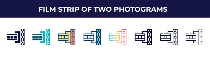 film strip of two photograms icon in 8 styles. line, filled, glyph, thin outline, colorful, stroke and gradient styles, film strip of two photograms vector sign. symbol, logo illustration. different