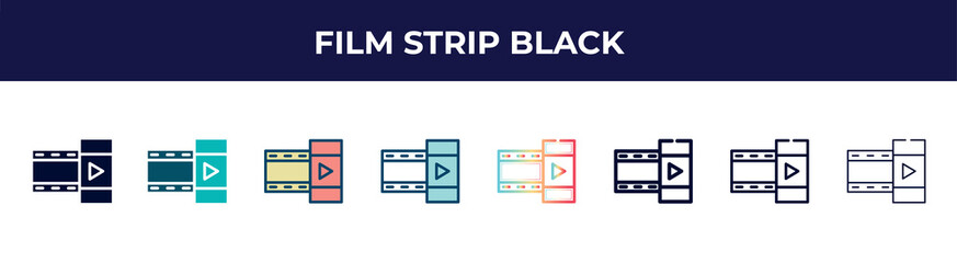 film strip black icon in 8 styles. line, filled, glyph, thin outline, colorful, stroke and gradient styles, film strip black vector sign. symbol, logo illustration. different style icons set.