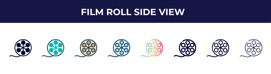 film roll side view icon in 8 styles. line, filled, glyph, thin outline, colorful, stroke and gradient styles, film roll side view vector sign. symbol, logo illustration. different style icons set.