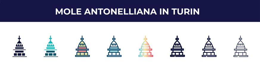 mole antonelliana in turin icon in 8 styles. line, filled, glyph, thin outline, colorful, stroke and gradient styles, mole antonelliana in turin vector sign. symbol, logo illustration. different