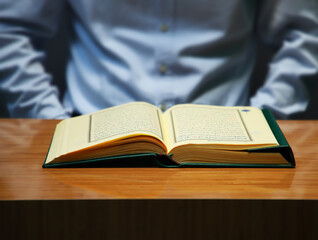 reading holy book. open quran on table. 