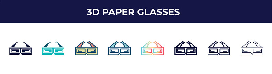 3d paper glasses icon in 8 styles. line, filled, glyph, thin outline, colorful, stroke and gradient styles, 3d paper glasses vector sign. symbol, logo illustration. different style icons set.
