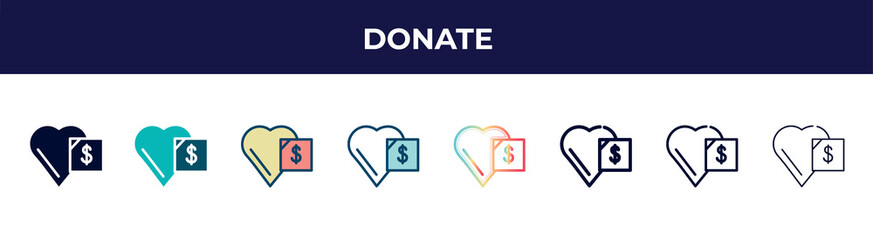 donate icon in 8 styles. line, filled, glyph, thin outline, colorful, stroke and gradient styles, donate vector sign. symbol, logo illustration. different style icons set.