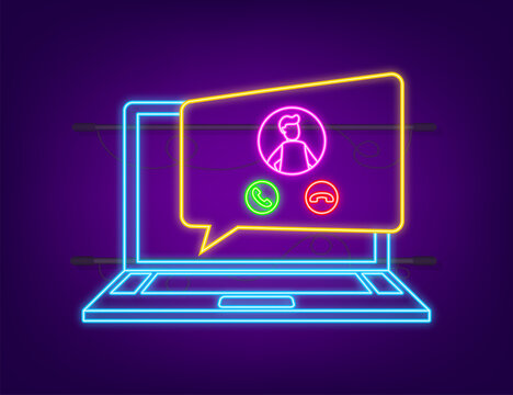 Incoming video call on laptop neon icon. Laptop with incoming call, man profile picture and accept decline buttons. Vector stock illustration.