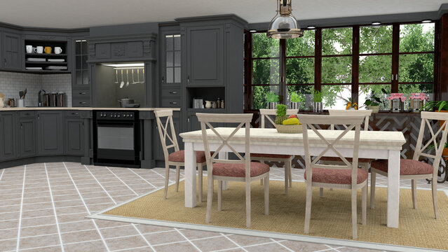 modern country kitchen with dining area, 3d Rendering