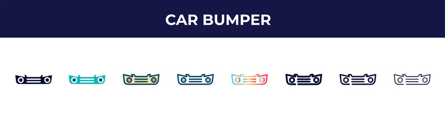 car bumper icon in 8 styles. line, filled, glyph, thin outline, colorful, stroke and gradient styles, car bumper vector sign. symbol, logo illustration. different style icons set.