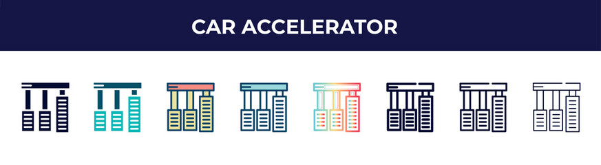 car accelerator icon in 8 styles. line, filled, glyph, thin outline, colorful, stroke and gradient styles, car accelerator vector sign. symbol, logo illustration. different style icons set.