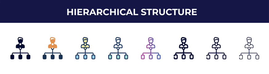 hierarchical structure icon in 8 styles. line, filled, glyph, thin outline, colorful, stroke and gradient styles, hierarchical structure vector sign. symbol, logo illustration. different style icons