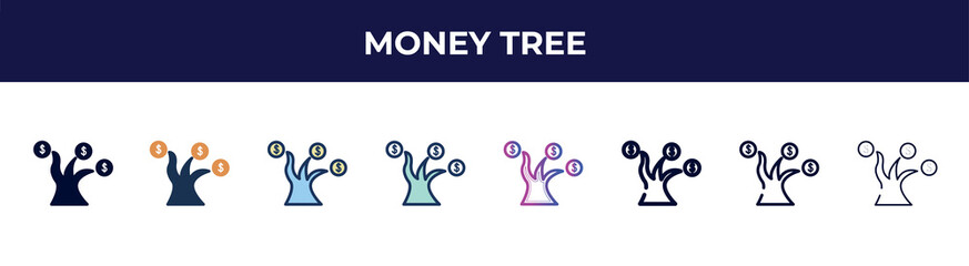 money tree icon in 8 styles. line, filled, glyph, thin outline, colorful, stroke and gradient styles, money tree vector sign. symbol, logo illustration. different style icons set.