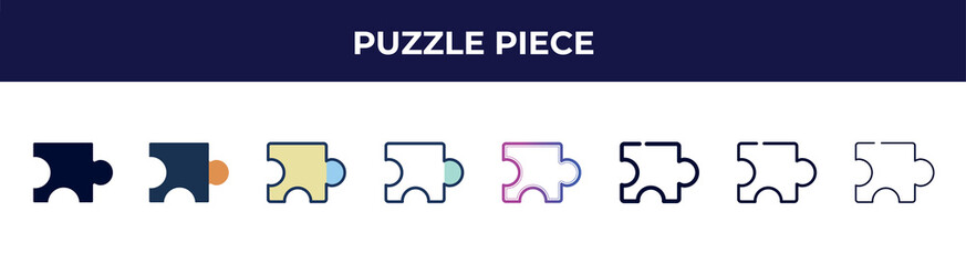 puzzle piece icon in 8 styles. line, filled, glyph, thin outline, colorful, stroke and gradient styles, puzzle piece vector sign. symbol, logo illustration. different style icons set.