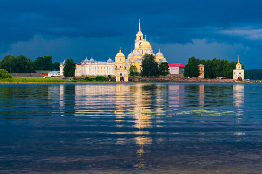 Landscape with the image of the Nilo-Stolobenskaya hermitage in Ostashkov, Russia