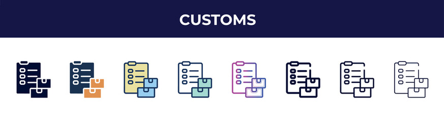 customs icon in 8 styles. line, filled, glyph, thin outline, colorful, stroke and gradient styles, customs vector sign. symbol, logo illustration. different style icons set.