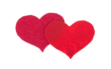 two hearts cut out of felt isolated on white background