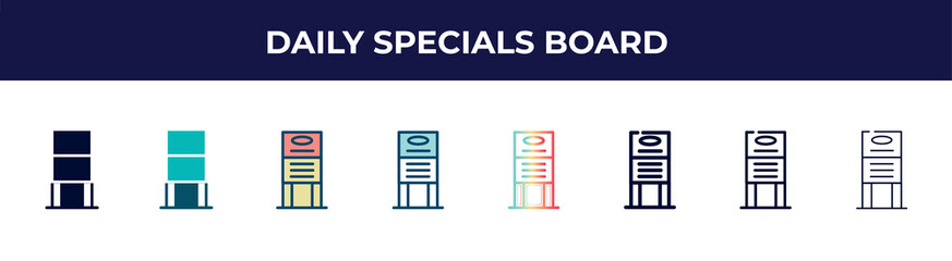 daily specials board icon in 8 styles. line, filled, glyph, thin outline, colorful, stroke and gradient styles, daily specials board vector sign. symbol, logo illustration. different style icons