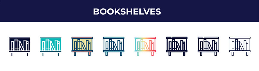 bookshelves icon in 8 styles. line, filled, glyph, thin outline, colorful, stroke and gradient styles, bookshelves vector sign. symbol, logo illustration. different style icons set.