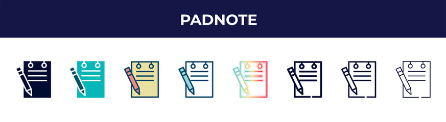 padnote icon in 8 styles. line, filled, glyph, thin outline, colorful, stroke and gradient styles, padnote vector sign. symbol, logo illustration. different style icons set.