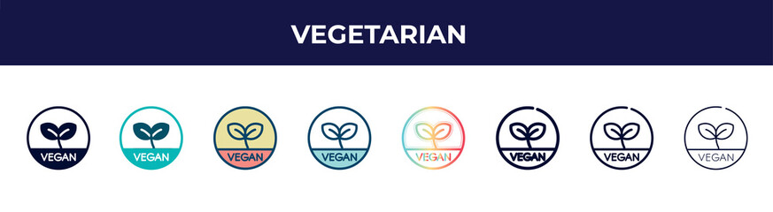 vegetarian icon in 8 styles. line, filled, glyph, thin outline, colorful, stroke and gradient styles, vegetarian vector sign. symbol, logo illustration. different style icons set.