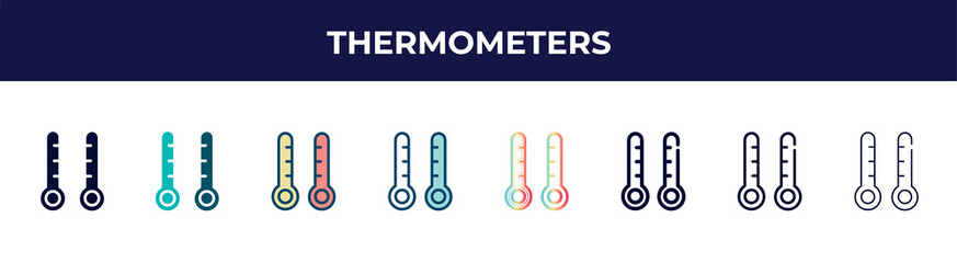 thermometers icon in 8 styles. line, filled, glyph, thin outline, colorful, stroke and gradient styles, thermometers vector sign. symbol, logo illustration. different style icons set.