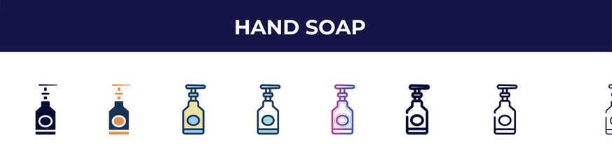 hand soap icon in 8 styles. line, filled, glyph, thin outline, colorful, stroke and gradient styles, hand soap vector sign. symbol, logo illustration. different style icons set.