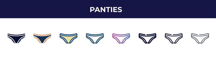 panties icon in 8 styles. line, filled, glyph, thin outline, colorful, stroke and gradient styles, panties vector sign. symbol, logo illustration. different style icons set.