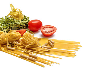 dry fettuccine, spaghetti and rotini pasta and tomatoes on white surface