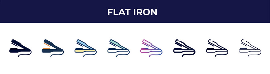flat iron icon in 8 styles. line, filled, glyph, thin outline, colorful, stroke and gradient styles, flat iron vector sign. symbol, logo illustration. different style icons set.