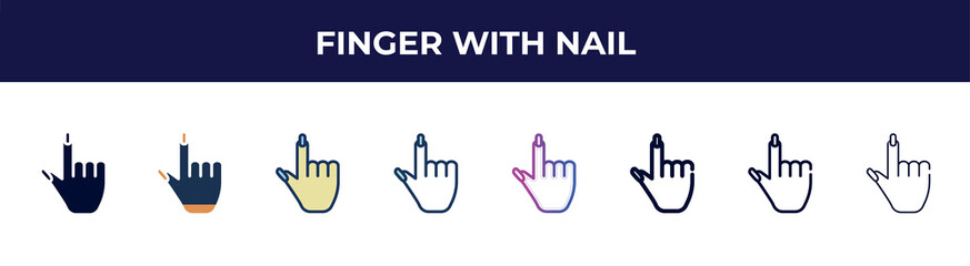 finger with nail icon in 8 styles. line, filled, glyph, thin outline, colorful, stroke and gradient styles, finger with nail vector sign. symbol, logo illustration. different style icons set.