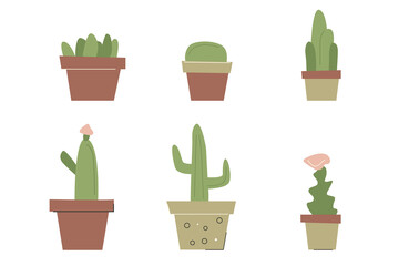 Collection of house cacti in flat cartoon style. Succulents, trendy minimalistic house decor with  cacti in  stylish pots. Vector illustratio