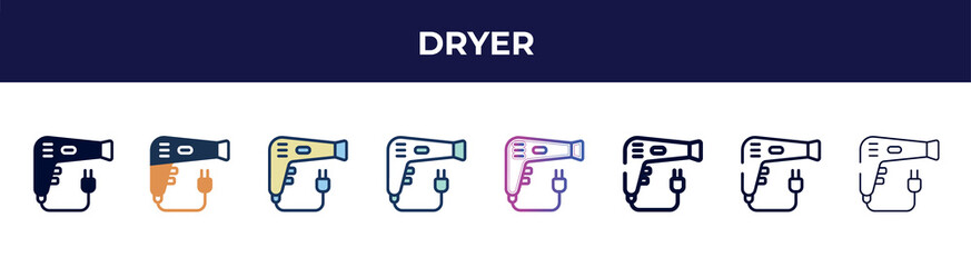 dryer icon in 8 styles. line, filled, glyph, thin outline, colorful, stroke and gradient styles, dryer vector sign. symbol, logo illustration. different style icons set.