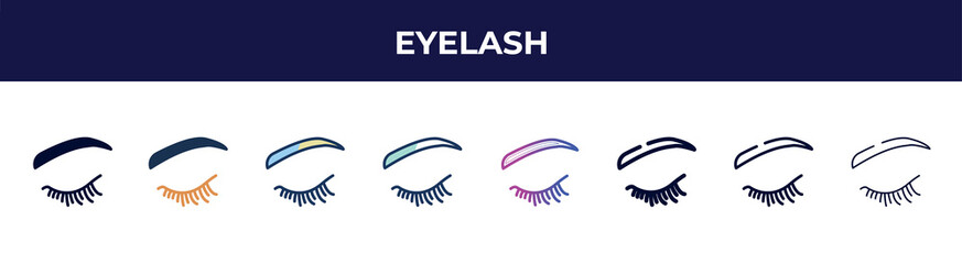 eyelash icon in 8 styles. line, filled, glyph, thin outline, colorful, stroke and gradient styles, eyelash vector sign. symbol, logo illustration. different style icons set.