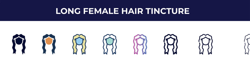 long female hair tincture icon in 8 styles. line, filled, glyph, thin outline, colorful, stroke and gradient styles, long female hair tincture vector sign. symbol, logo illustration. different style