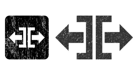 Vector divide horizontal direction subtracted icon. Grunge divide horizontal direction seal stamp, done from icon and rounded square. Rounded square stamp have divide horizontal direction hole inside.