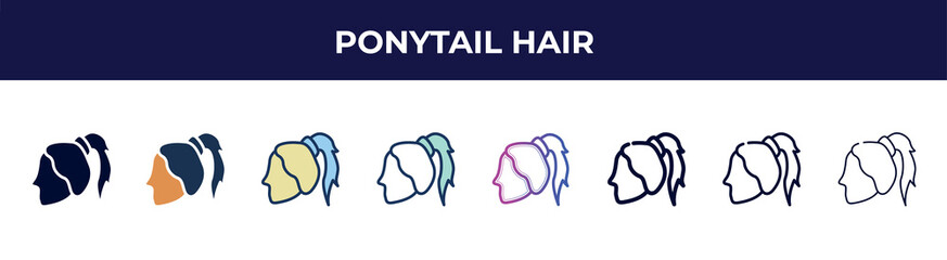 ponytail hair icon in 8 styles. line, filled, glyph, thin outline, colorful, stroke and gradient styles, ponytail hair vector sign. symbol, logo illustration. different style icons set.