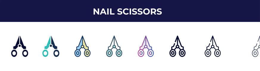 nail scissors icon in 8 styles. line, filled, glyph, thin outline, colorful, stroke and gradient styles, nail scissors vector sign. symbol, logo illustration. different style icons set.