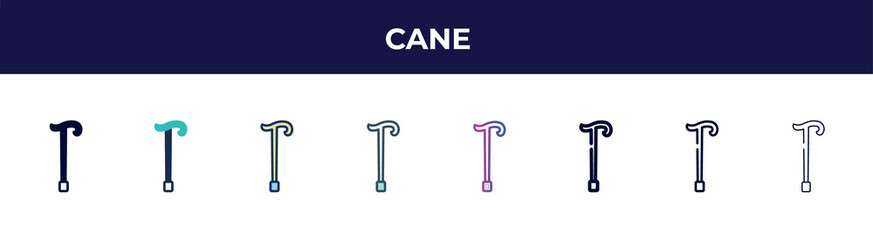 cane icon in 8 styles. line, filled, glyph, thin outline, colorful, stroke and gradient styles, cane vector sign. symbol, logo illustration. different style icons set.