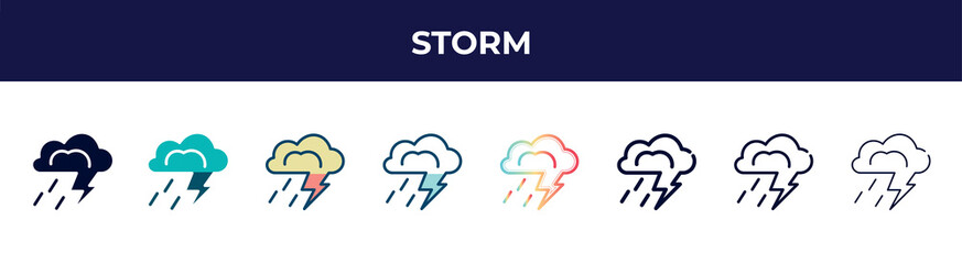 storm icon in 8 styles. line, filled, glyph, thin outline, colorful, stroke and gradient styles, storm vector sign. symbol, logo illustration. different style icons set.