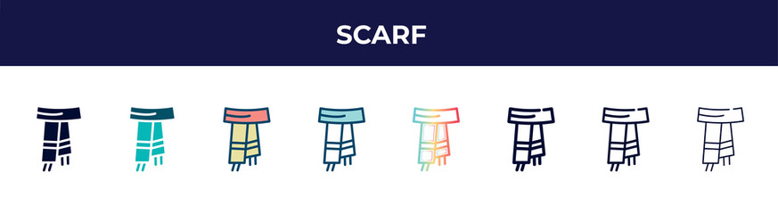 scarf icon in 8 styles. line, filled, glyph, thin outline, colorful, stroke and gradient styles, scarf vector sign. symbol, logo illustration. different style icons set.