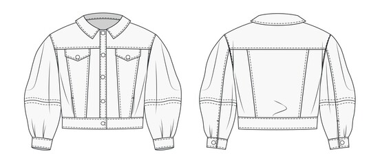 Girls Denim Jacket fashion flat sketch template. Women's Crop Jacket fashion design. Denim Jacket Outer fashion flat drawing template. Oversize Crop Jacket fashion template set.