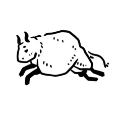 Rock art. Drawing of a bull or ox. Primitive tribal cartoon. Running animal