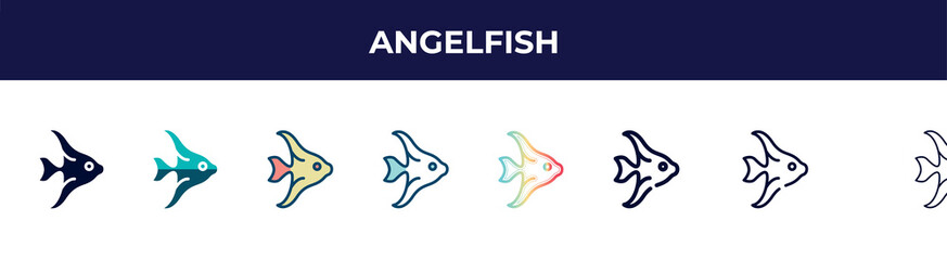 angelfish icon in 8 styles. line, filled, glyph, thin outline, colorful, stroke and gradient styles, angelfish vector sign. symbol, logo illustration. different style icons set.