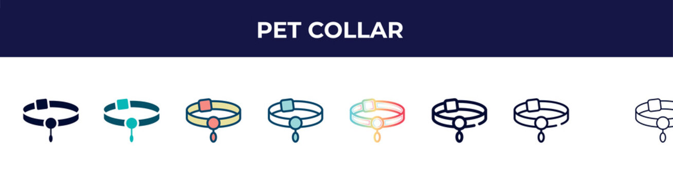 pet collar icon in 8 styles. line, filled, glyph, thin outline, colorful, stroke and gradient styles, pet collar vector sign. symbol, logo illustration. different style icons set.
