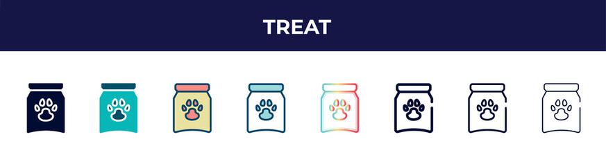 treat icon in 8 styles. line, filled, glyph, thin outline, colorful, stroke and gradient styles, treat vector sign. symbol, logo illustration. different style icons set.