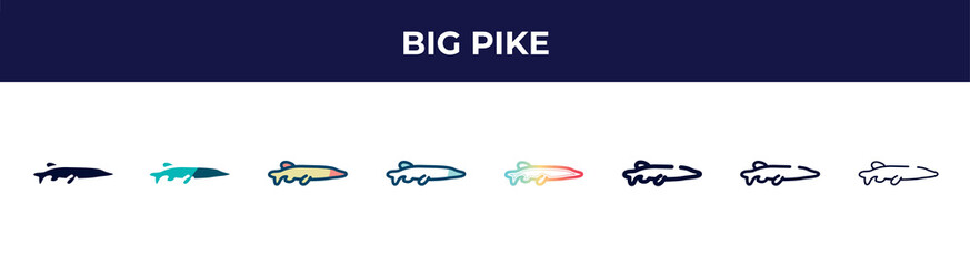 big pike icon in 8 styles. line, filled, glyph, thin outline, colorful, stroke and gradient styles, big pike vector sign. symbol, logo illustration. different style icons set.