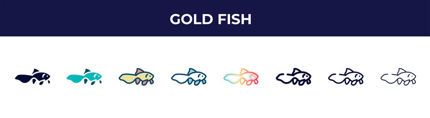 gold fish icon in 8 styles. line, filled, glyph, thin outline, colorful, stroke and gradient styles, gold fish vector sign. symbol, logo illustration. different style icons set.