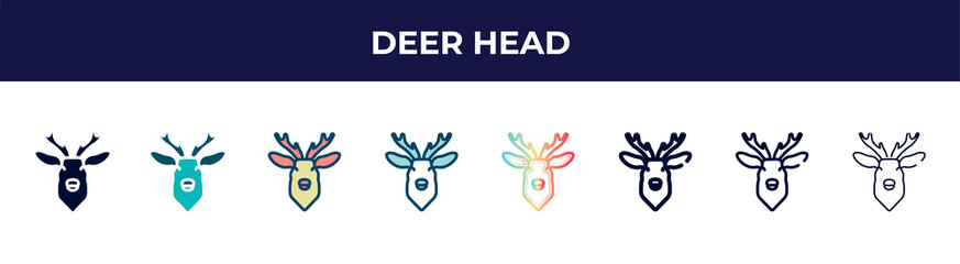 deer head icon in 8 styles. line, filled, glyph, thin outline, colorful, stroke and gradient styles, deer head vector sign. symbol, logo illustration. different style icons set.