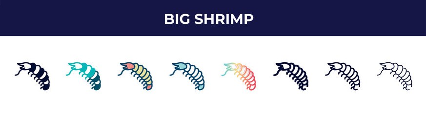 big shrimp icon in 8 styles. line, filled, glyph, thin outline, colorful, stroke and gradient styles, big shrimp vector sign. symbol, logo illustration. different style icons set.