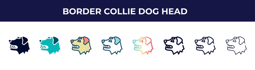 border collie dog head icon in 8 styles. line, filled, glyph, thin outline, colorful, stroke and gradient styles, border collie dog head vector sign. symbol, logo illustration. different style icons