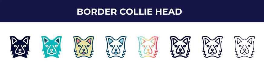 border collie head icon in 8 styles. line, filled, glyph, thin outline, colorful, stroke and gradient styles, border collie head vector sign. symbol, logo illustration. different style icons set.