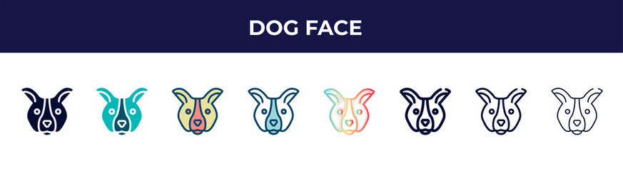 dog face icon in 8 styles. line, filled, glyph, thin outline, colorful, stroke and gradient styles, dog face vector sign. symbol, logo illustration. different style icons set.